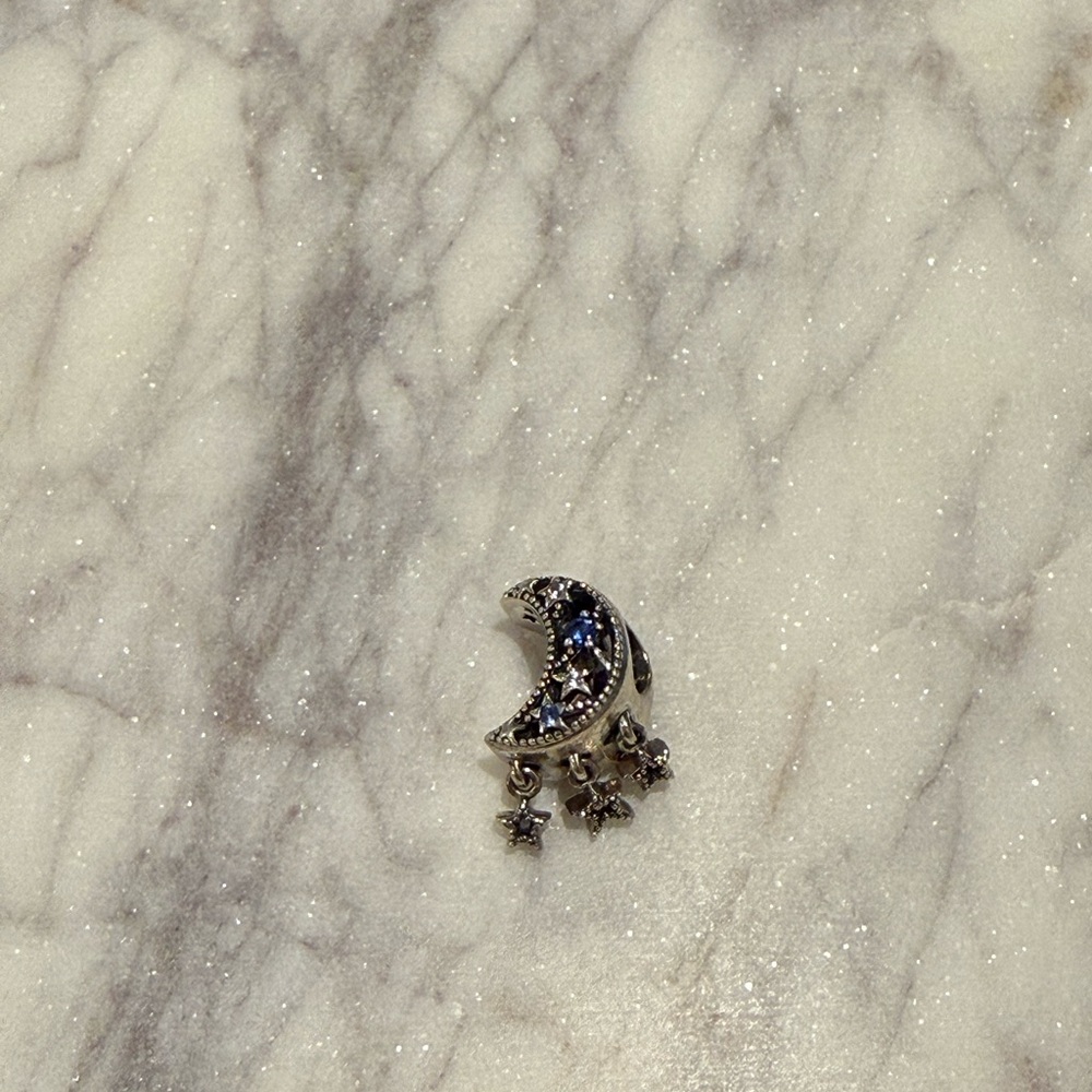 Pandora Sterling Silver Crescent Moon Charm with Stars and Blue Gemstones